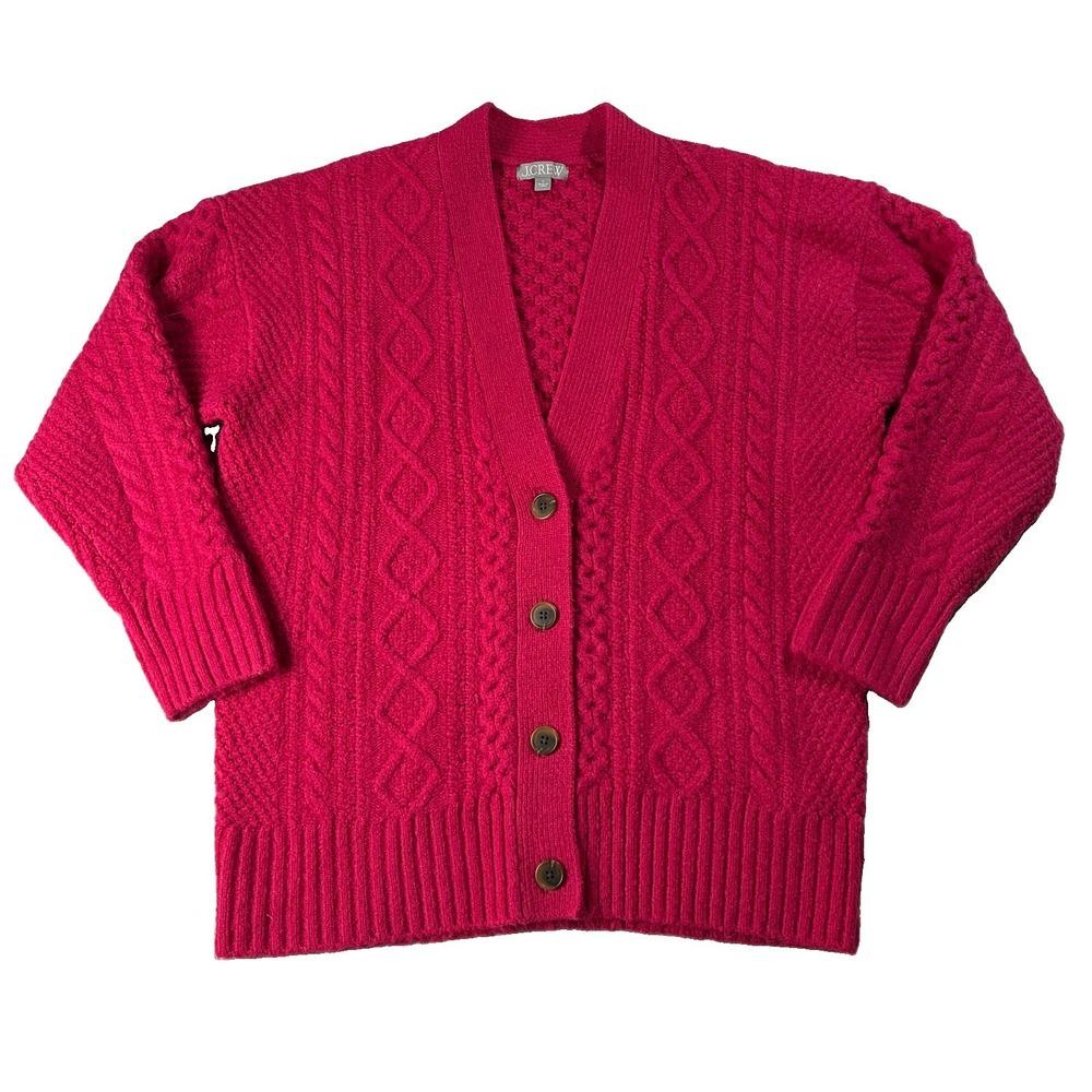 J Crew V-neck Cable Knit Sweater Cardigan Fuchsia Pink Women L Preppy Chic Luxe